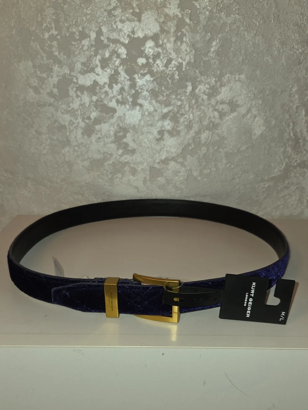 Kurt Geiger Navy Velvet Belt with Gold-Tone Buckle